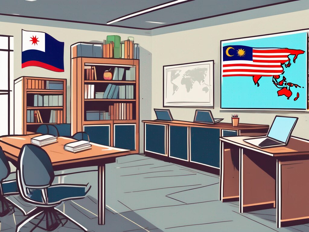 A classroom setting with a malaysian flag