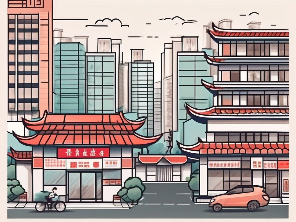 A typical chinese cityscape with various elements such as a school building
