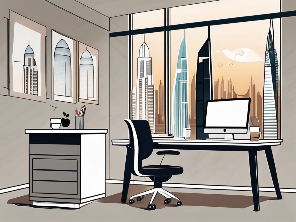 A modern classroom with a view of uae's iconic landmarks in the background