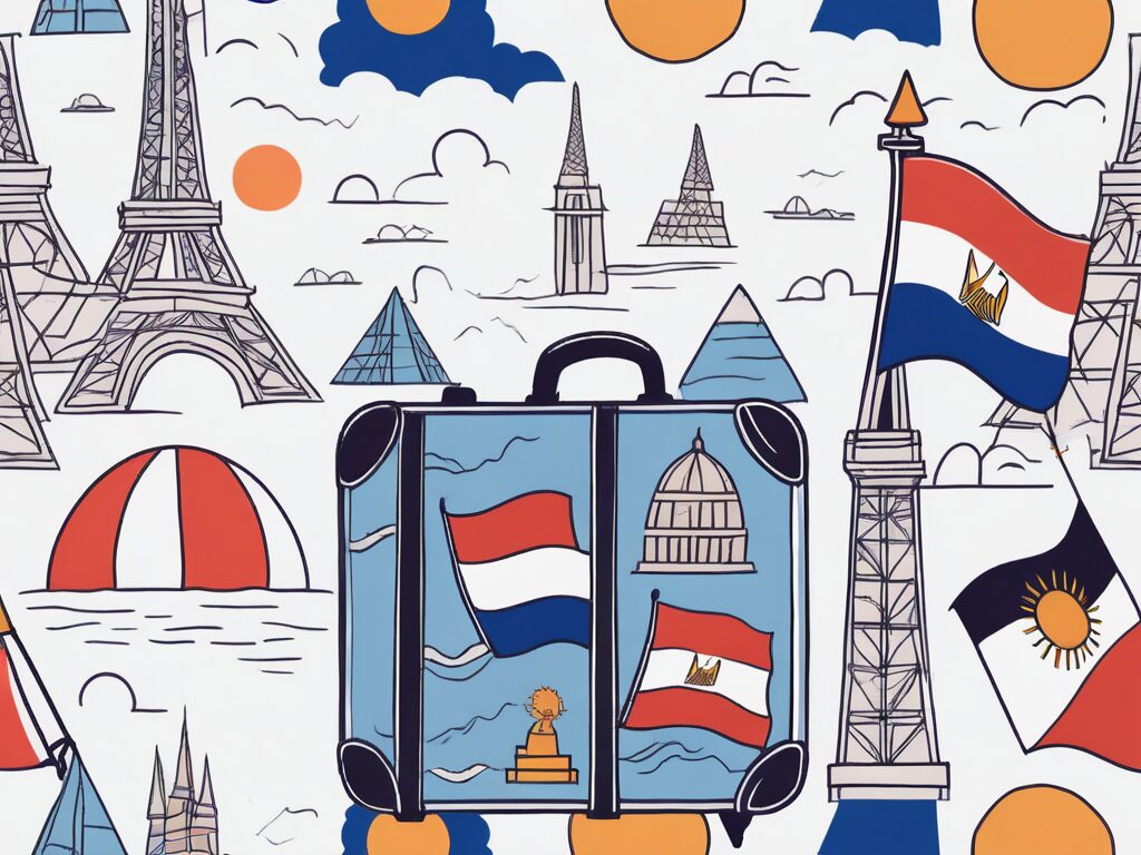 A suitcase filled with various symbols representing different countries