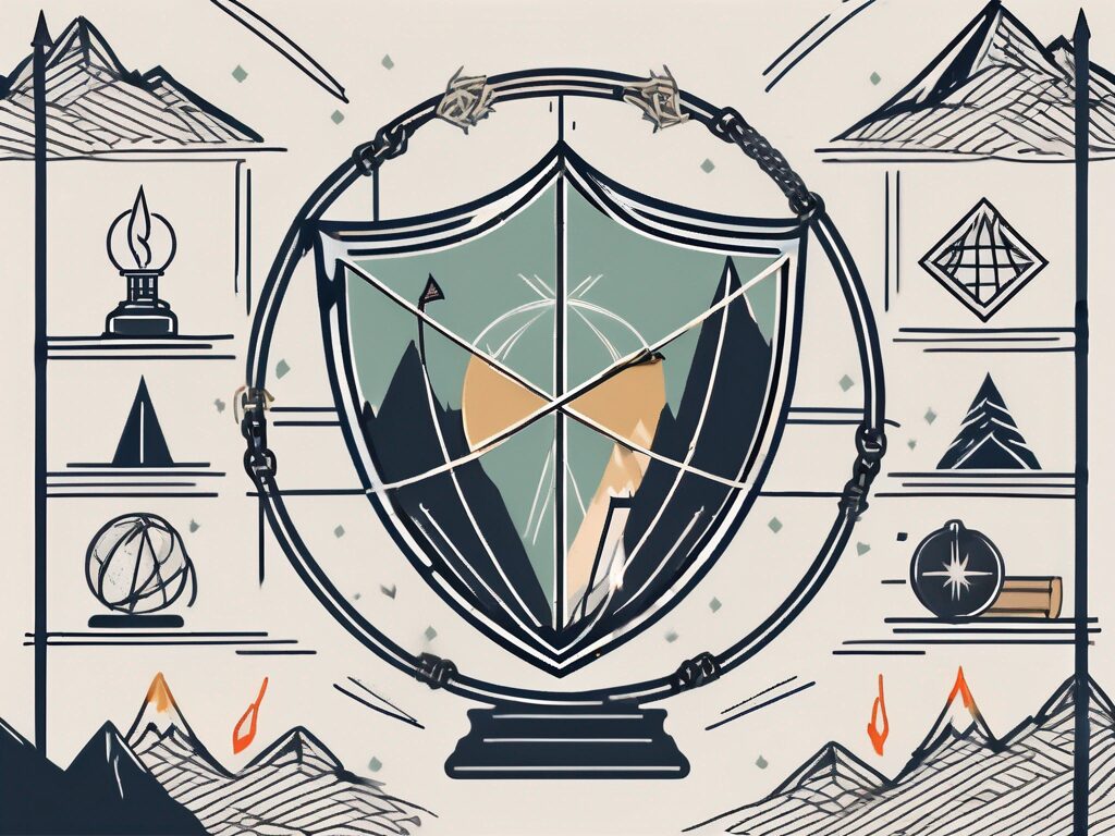 A globe surrounded by four symbolic elements - a shield