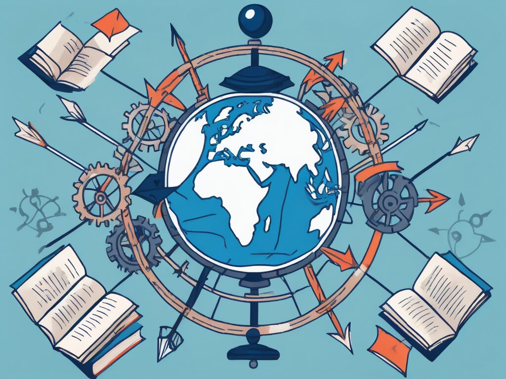 A globe surrounded by various educational symbols like books
