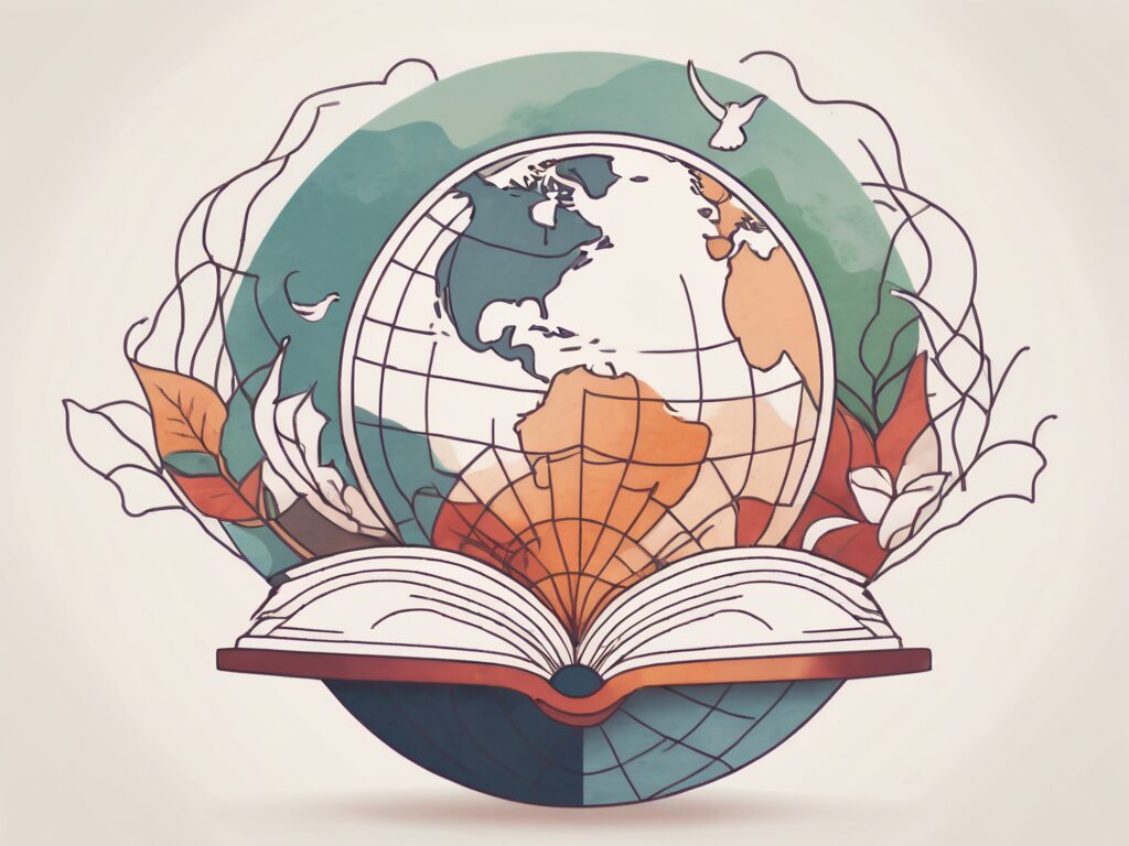 A globe with various educational symbols like books