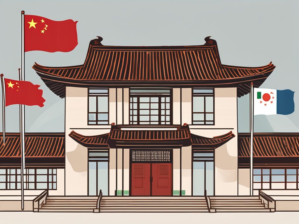 A diverse array of international flags positioned around a traditional chinese school building