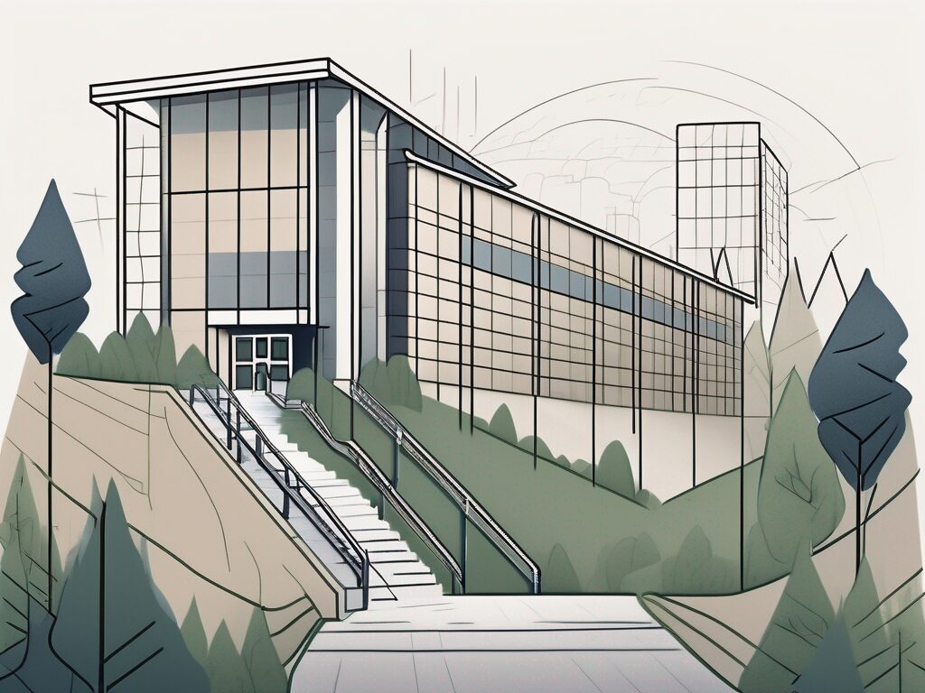 A school building with a high wall around it