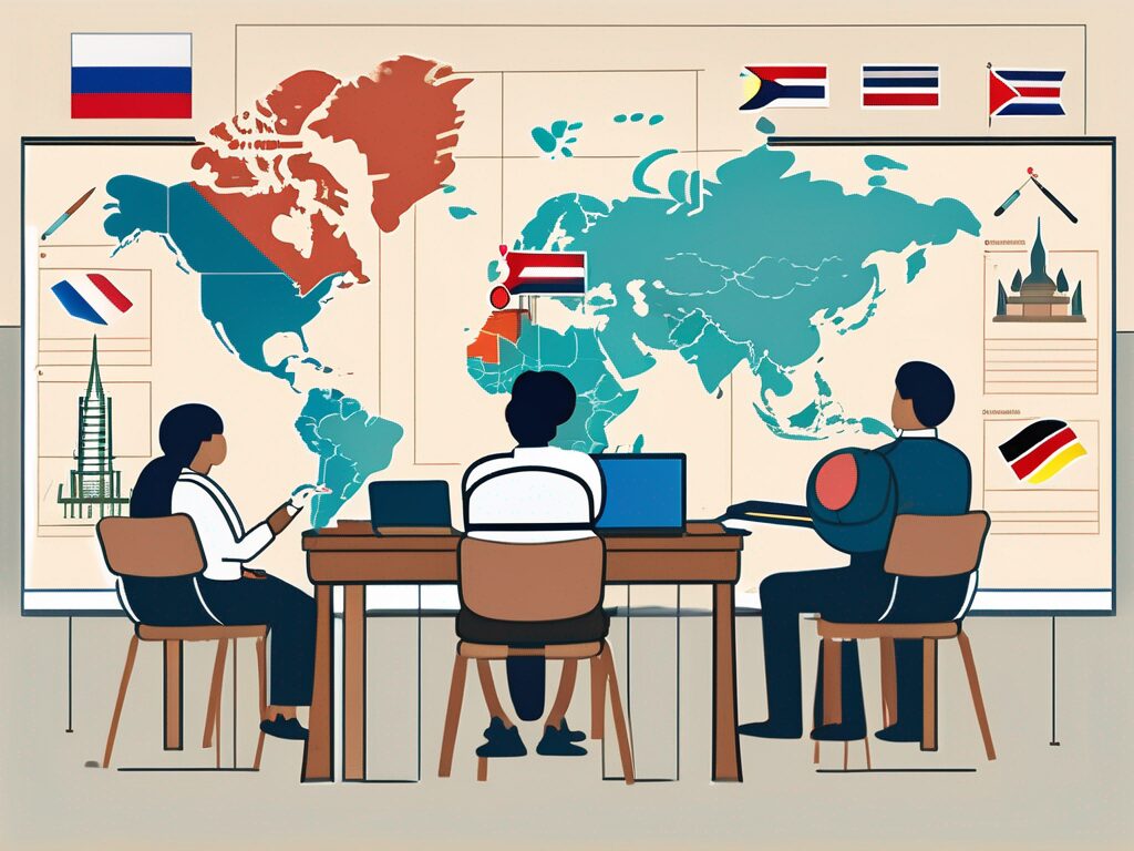 A classroom setting with diverse educational tools and symbols representing thailand