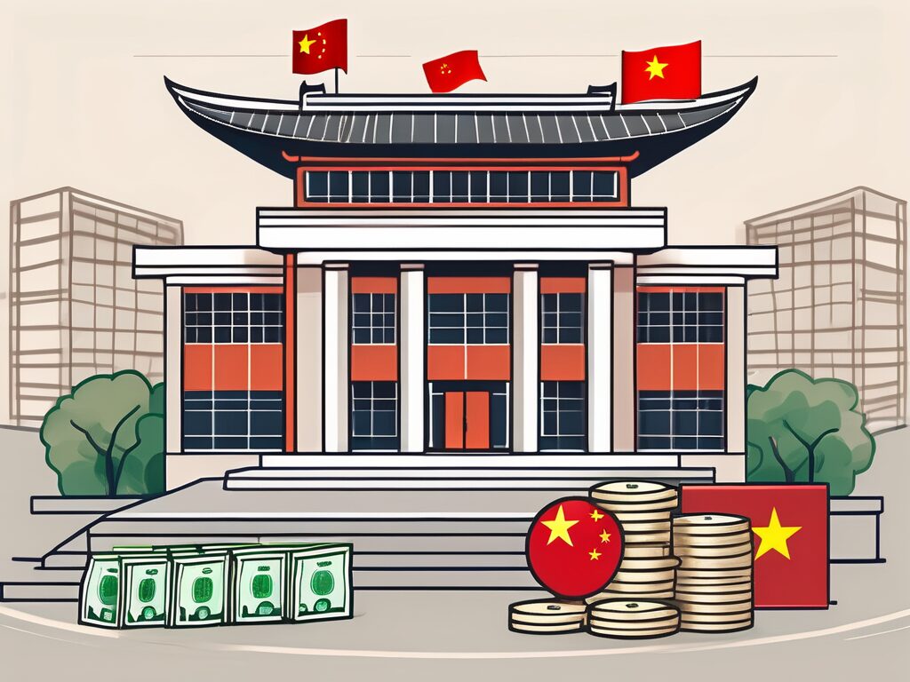 A modern international school building with the chinese flag flying above it