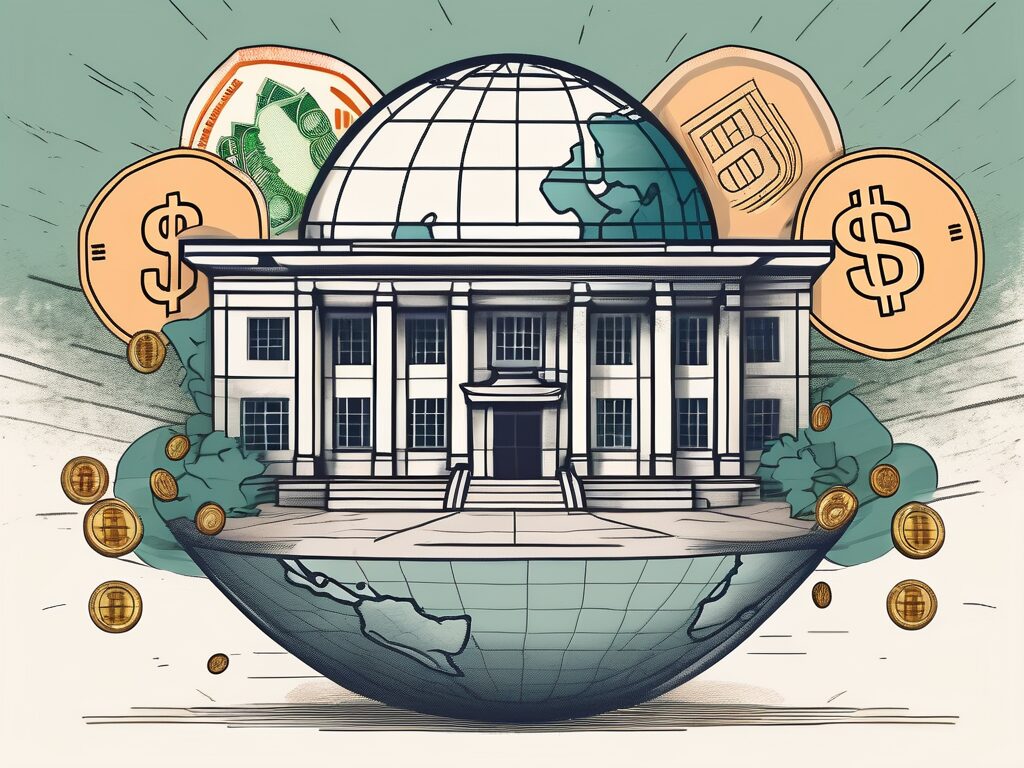 A traditional vietnamese school building with a globe and different currencies floating around it