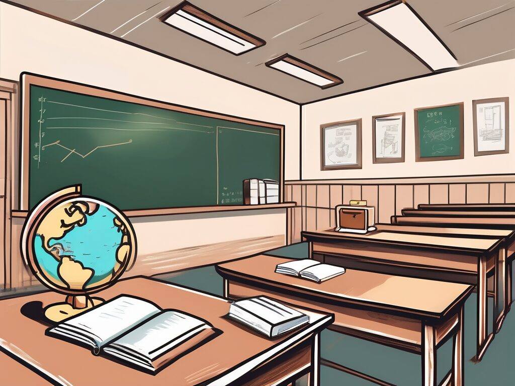 A traditional south korean classroom setting with a chalkboard