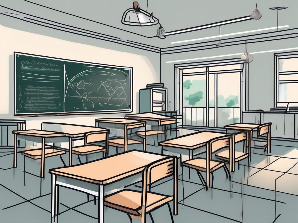 A classroom setting with a chalkboard