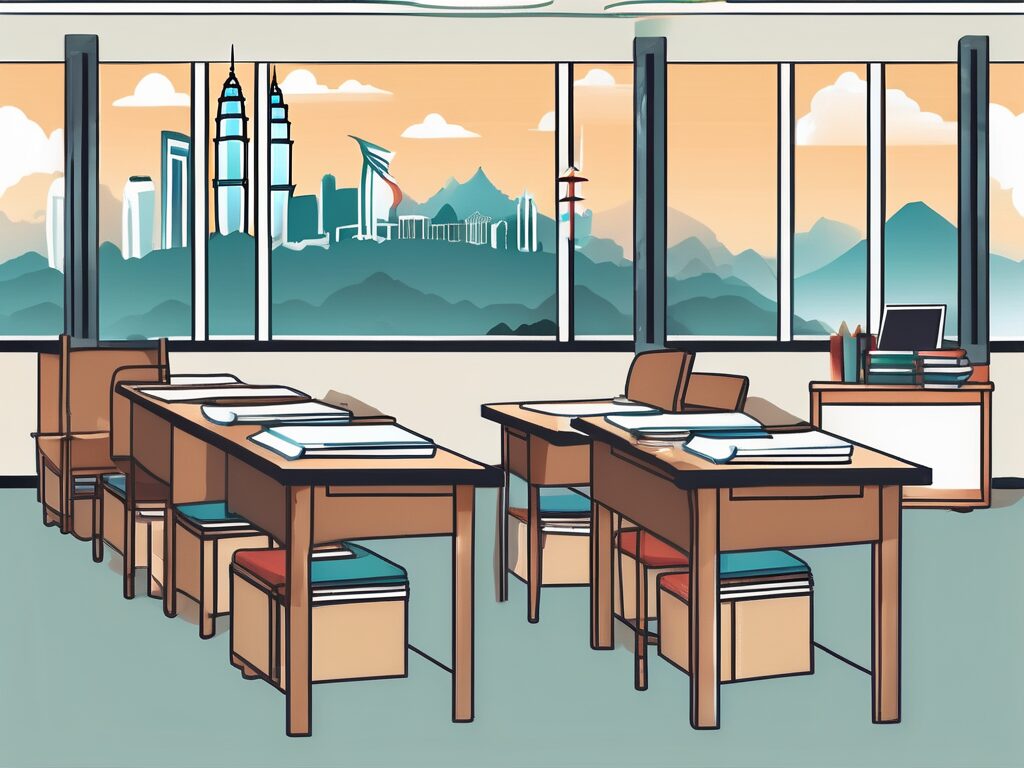 A classroom setting with a view of iconic malaysian landmarks in the background