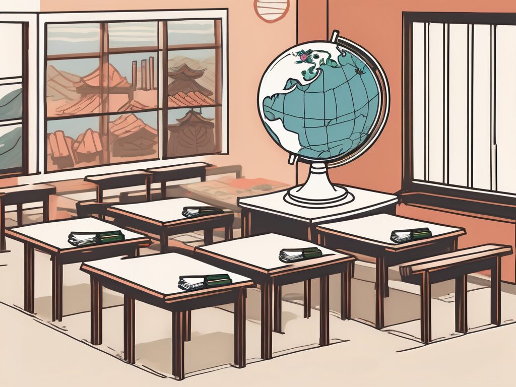 A classroom setting with various international symbols and south korean cultural elements