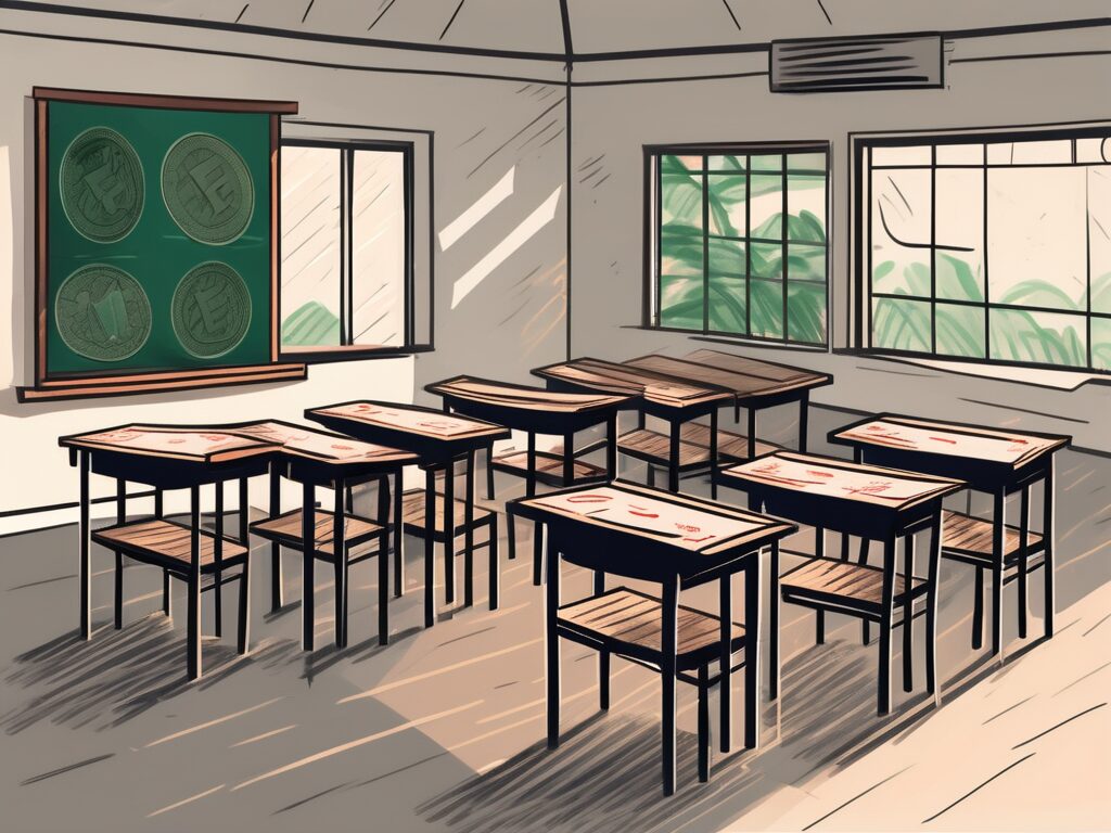 A traditional vietnamese classroom setting with a chalkboard