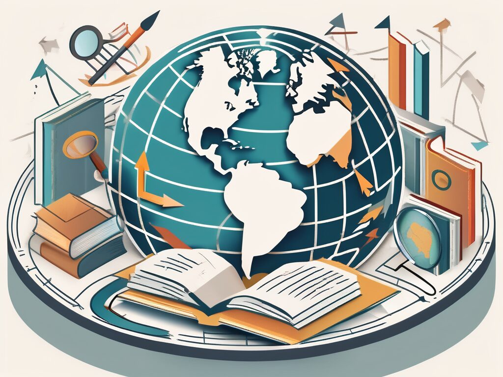 A globe with various educational tools like books