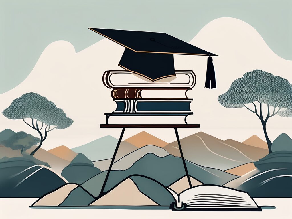 A balanced scale with one side holding a stack of books and the other side holding a graduation cap