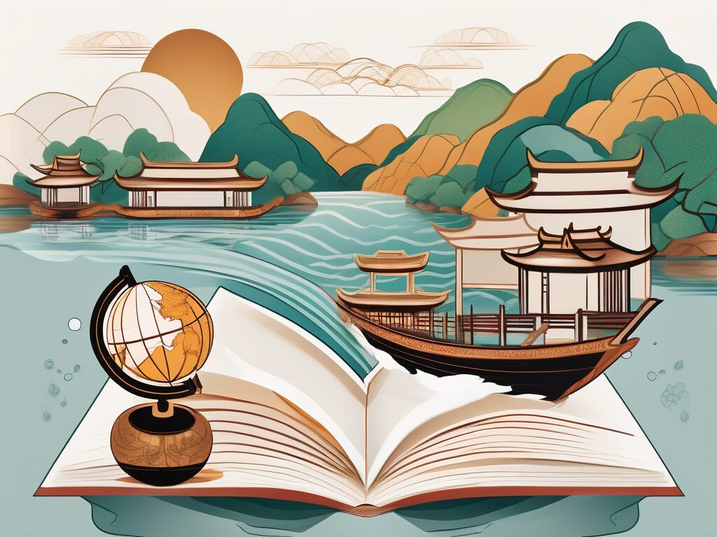A vietnamese landscape with symbolic elements representing education and cultural diversity