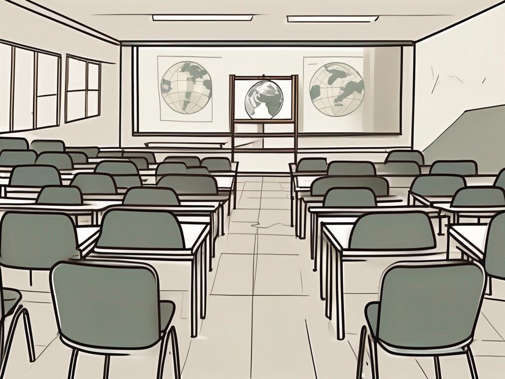 A classroom setting with empty chairs and desks
