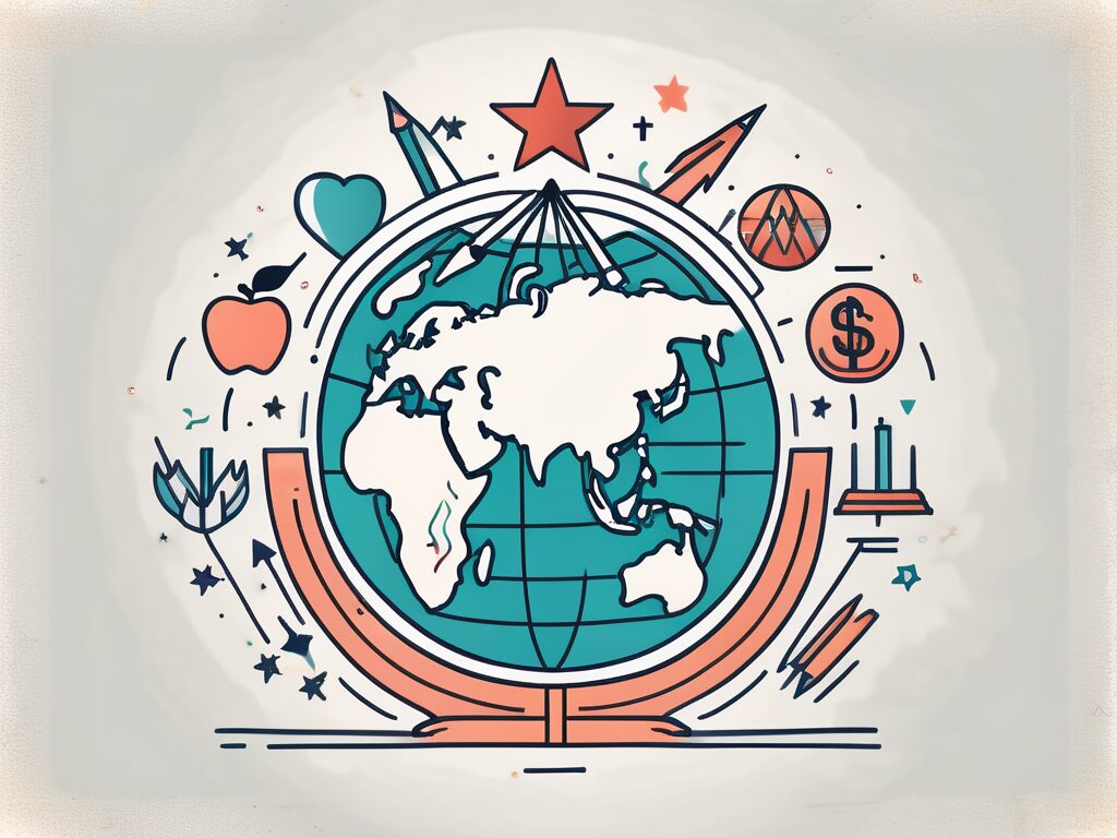 A globe surrounded by symbols representing teaching (like an apple)