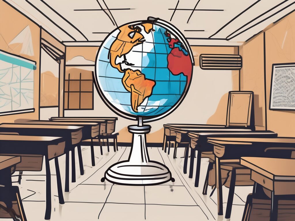 A classroom setting with a globe