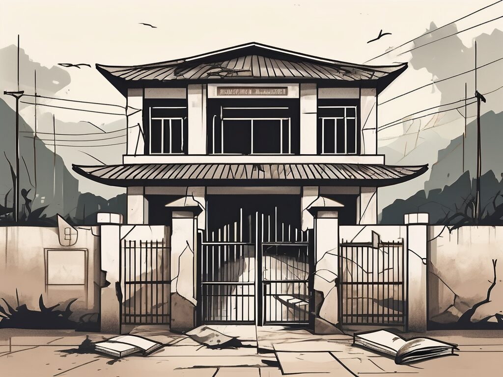 A crumbling school building with a backdrop of vietnam's landscape