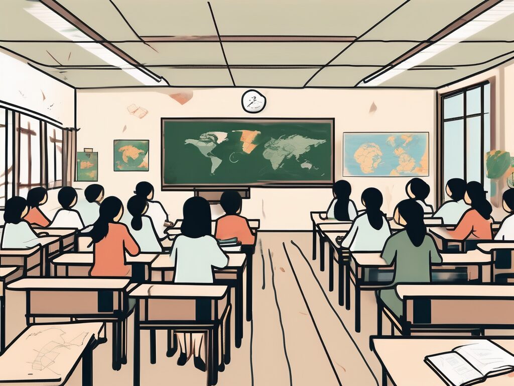 A classroom setting with various symbols representing cultural differences