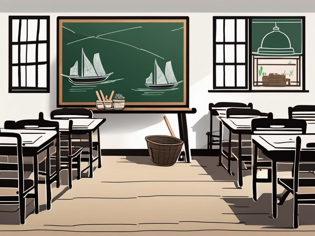 A traditional vietnamese classroom setting with a chalkboard