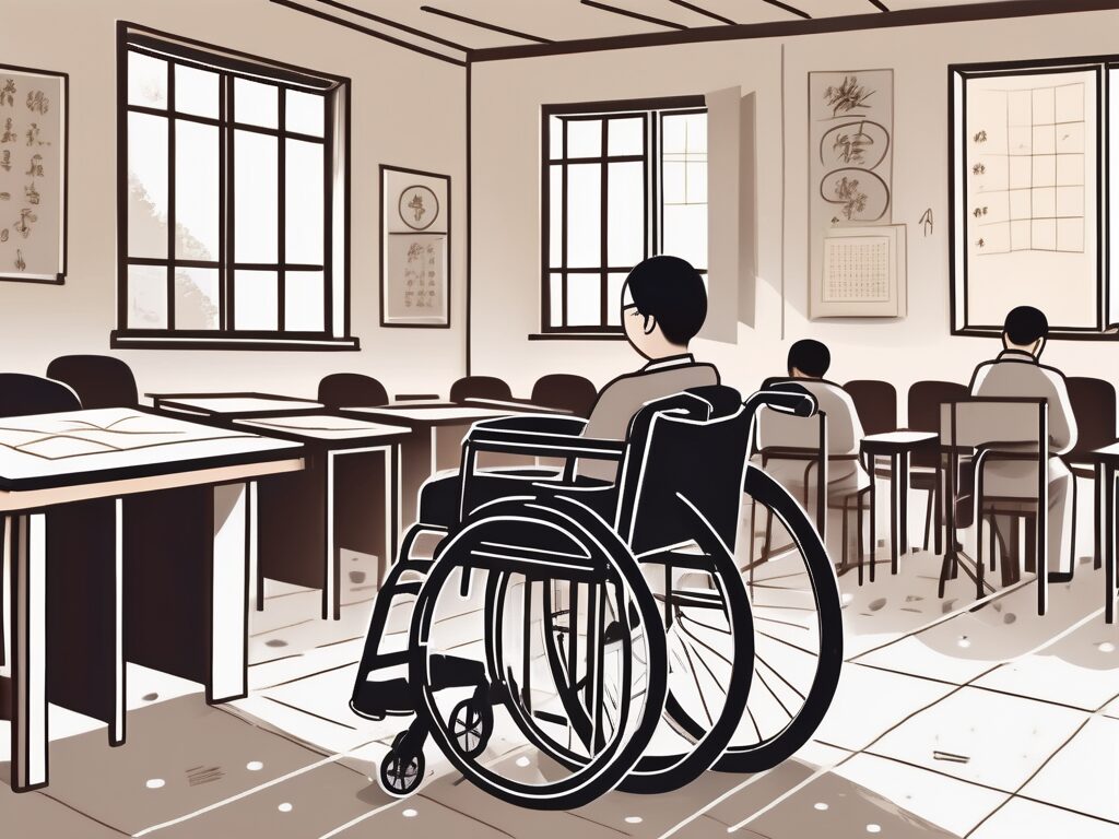 A traditional vietnamese schoolhouse with symbols of special education needs like a wheelchair