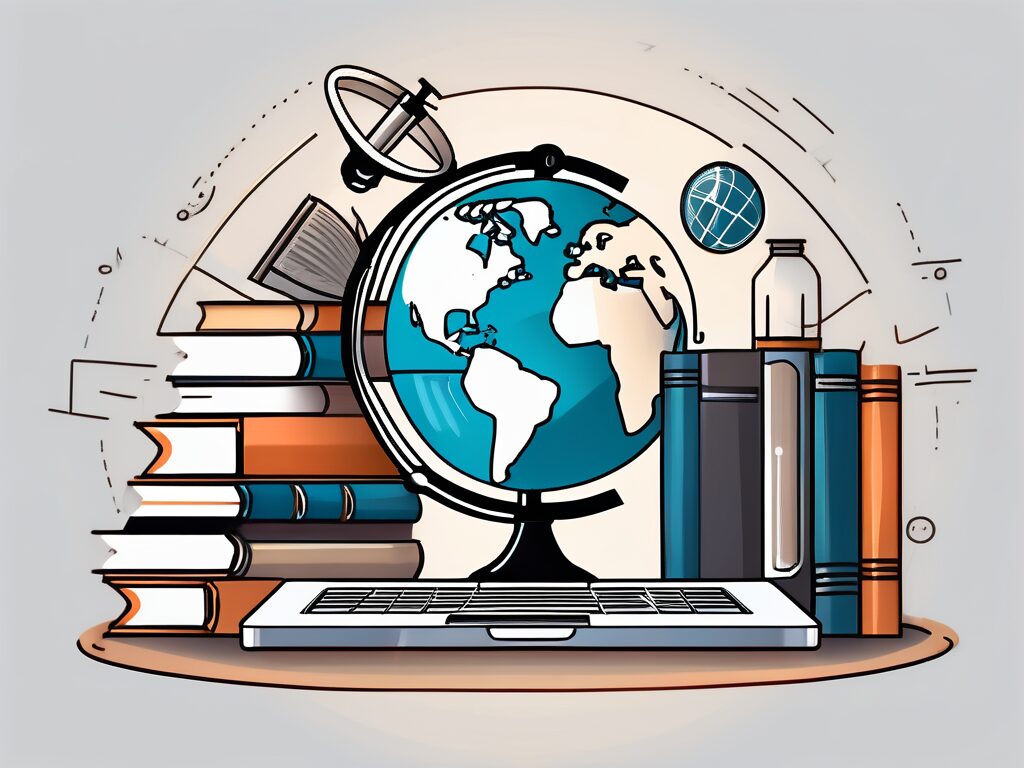 A globe surrounded by various educational tools like books