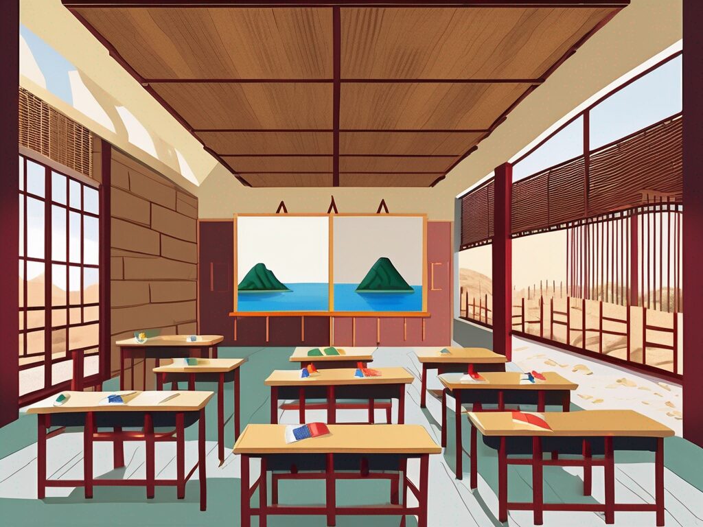 A classroom setting split in two