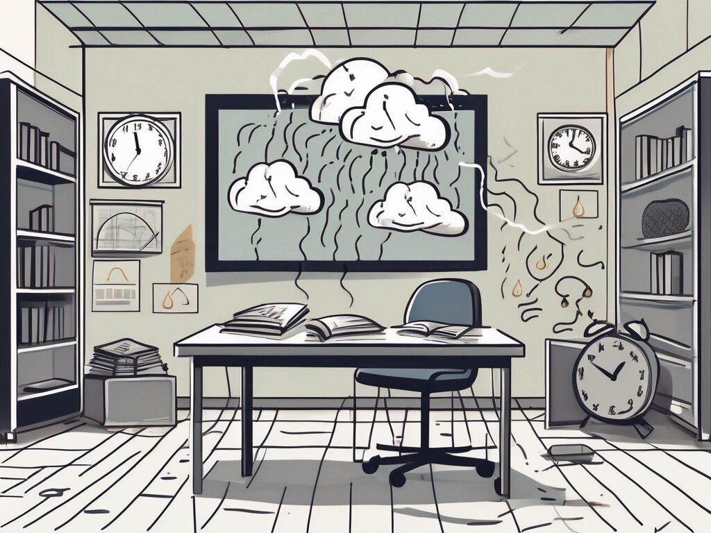 A classroom scene in malaysia with various symbols representing common issues such as a broken clock (time management)