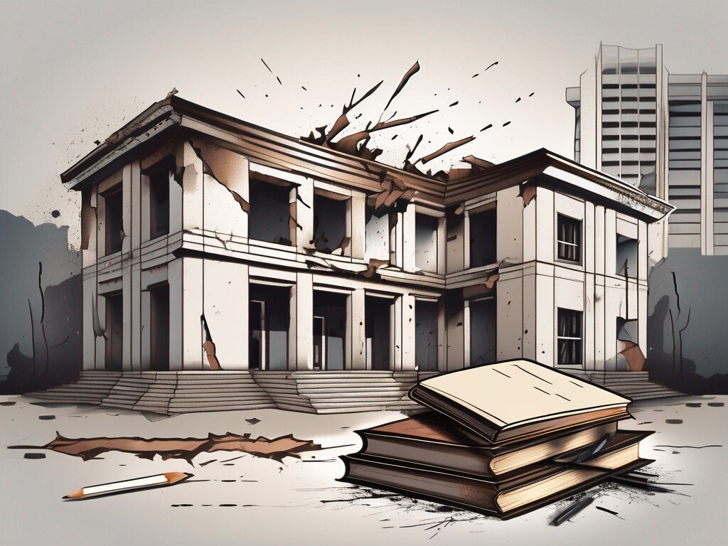 A crumbling school building with a broken pencil and a tattered book in the foreground
