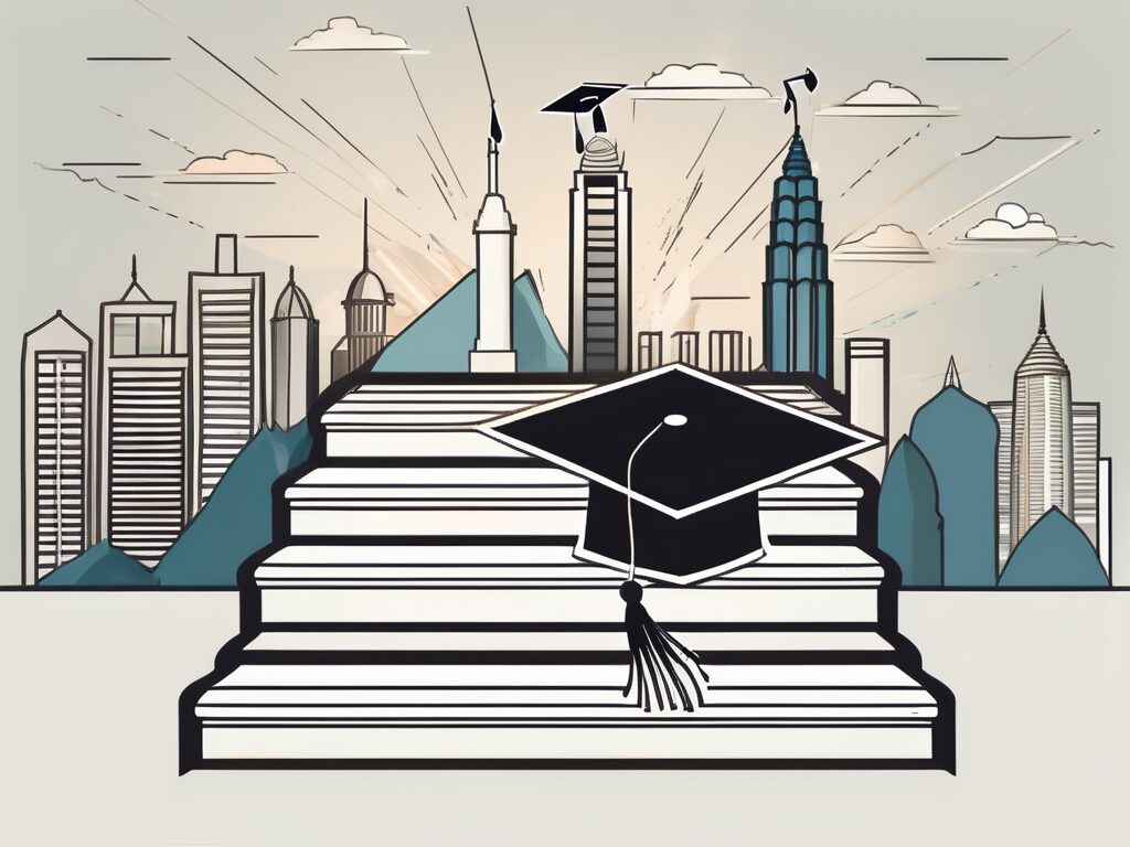 A ladder reaching up towards a graduation cap