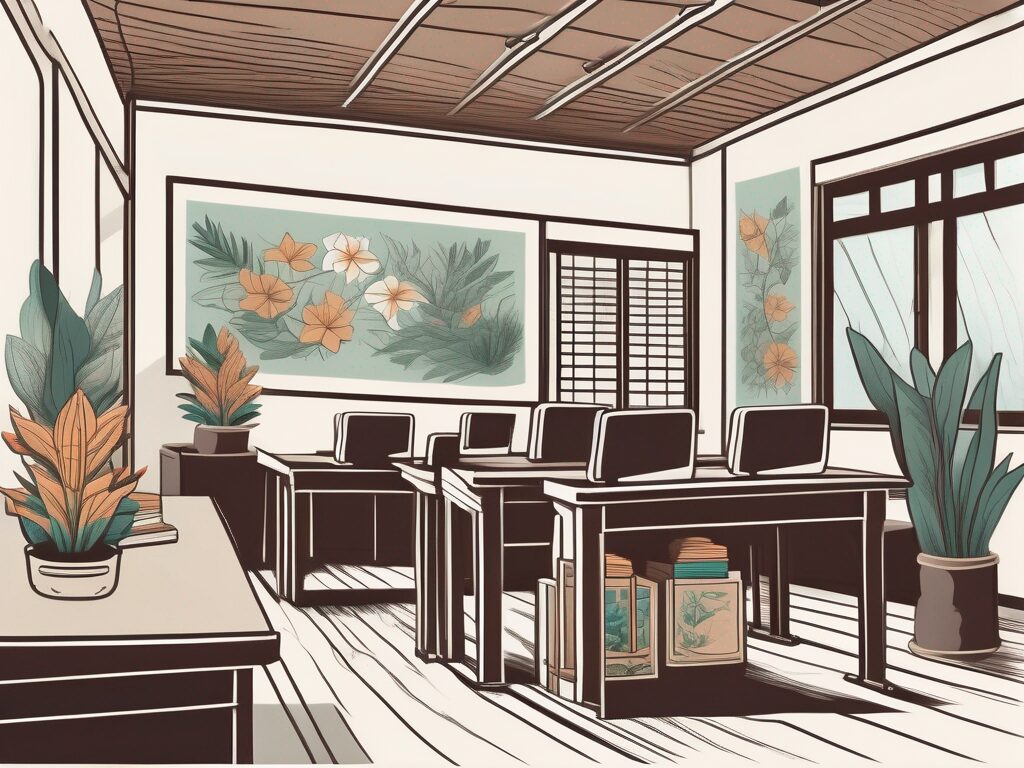 A classroom setting with traditional malaysian elements