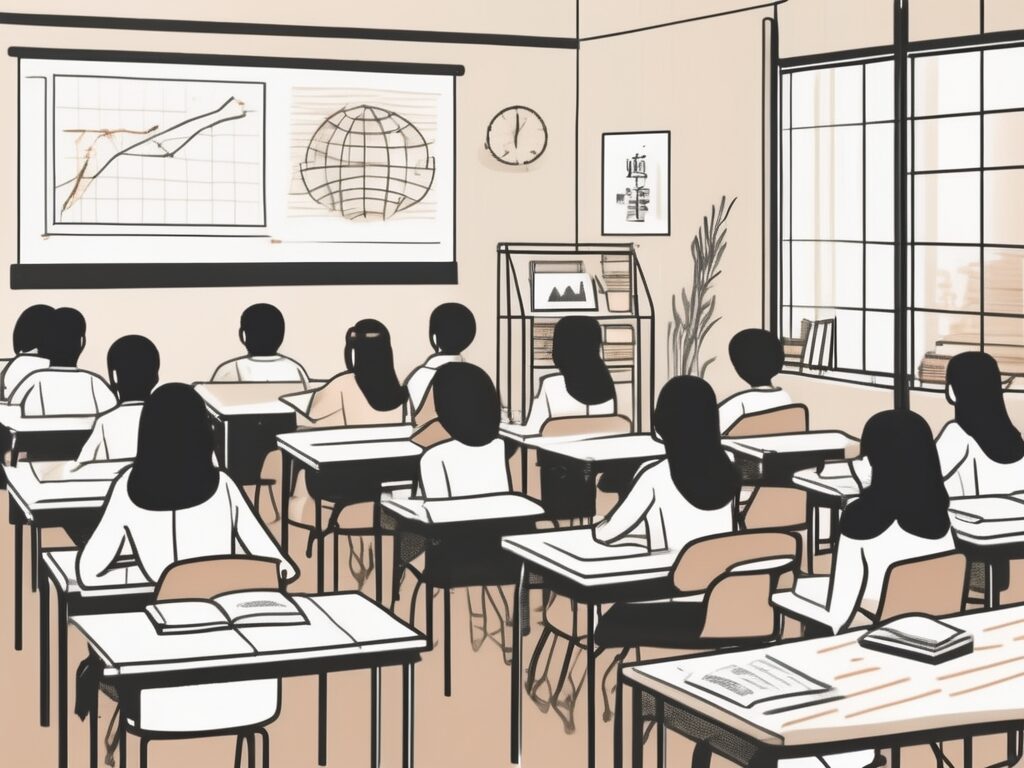A classroom setting in singapore with various educational tools and cultural symbols