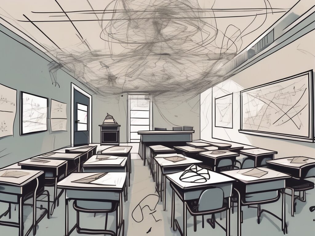 A classroom scene with empty desks