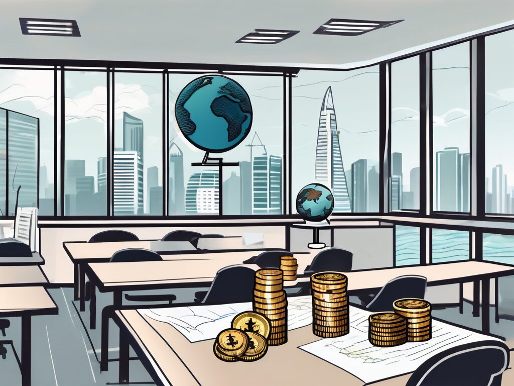 A classroom setting with a view of singapore skyline in the background