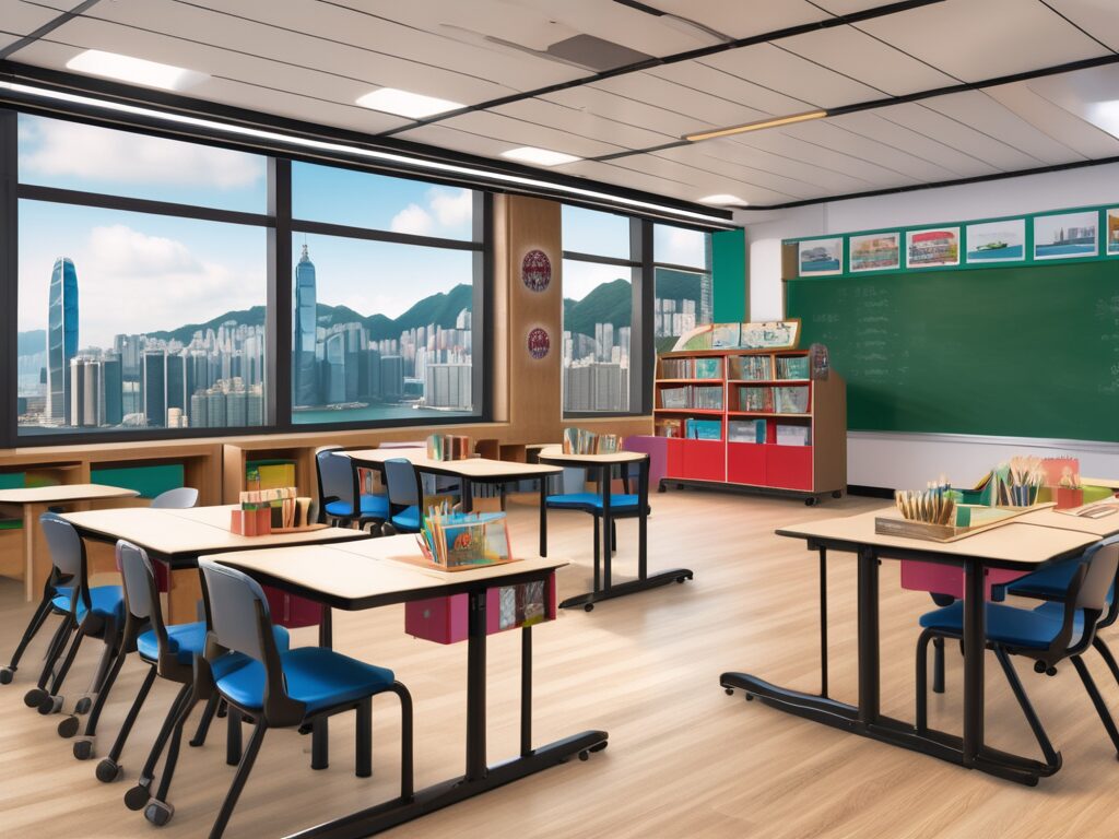 A classroom setting split in half