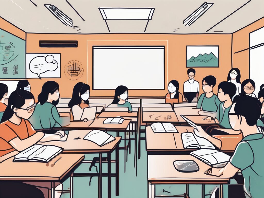 A traditional hong kong classroom with various symbols representing challenges such as a language barrier (represented by speech bubbles with different languages)