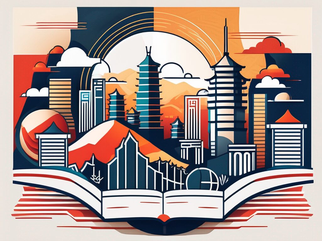 A vibrant chinese landscape featuring iconic landmarks like the great wall and a modern city skyline