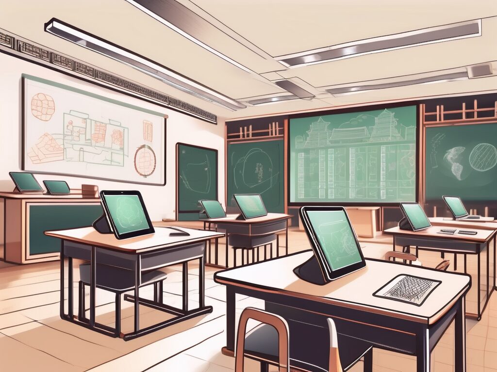 A modern chinese classroom setting with advanced technology like tablets