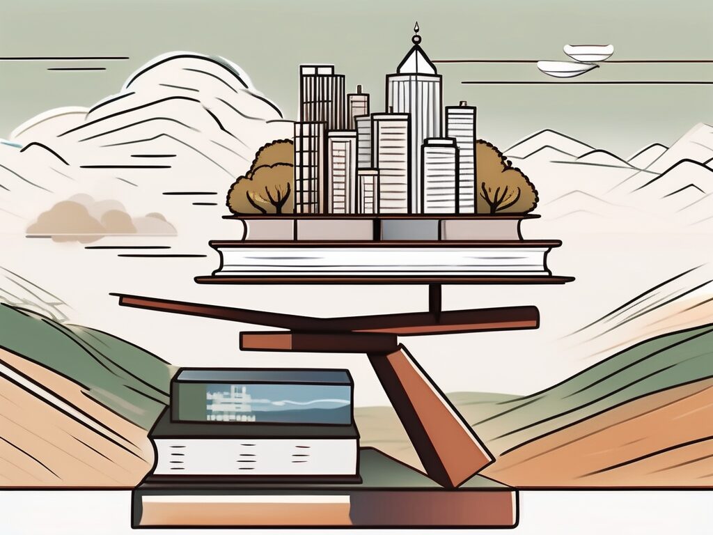 A balanced scale with textbooks on one side and a cityscape on one end and rural landscape on the other