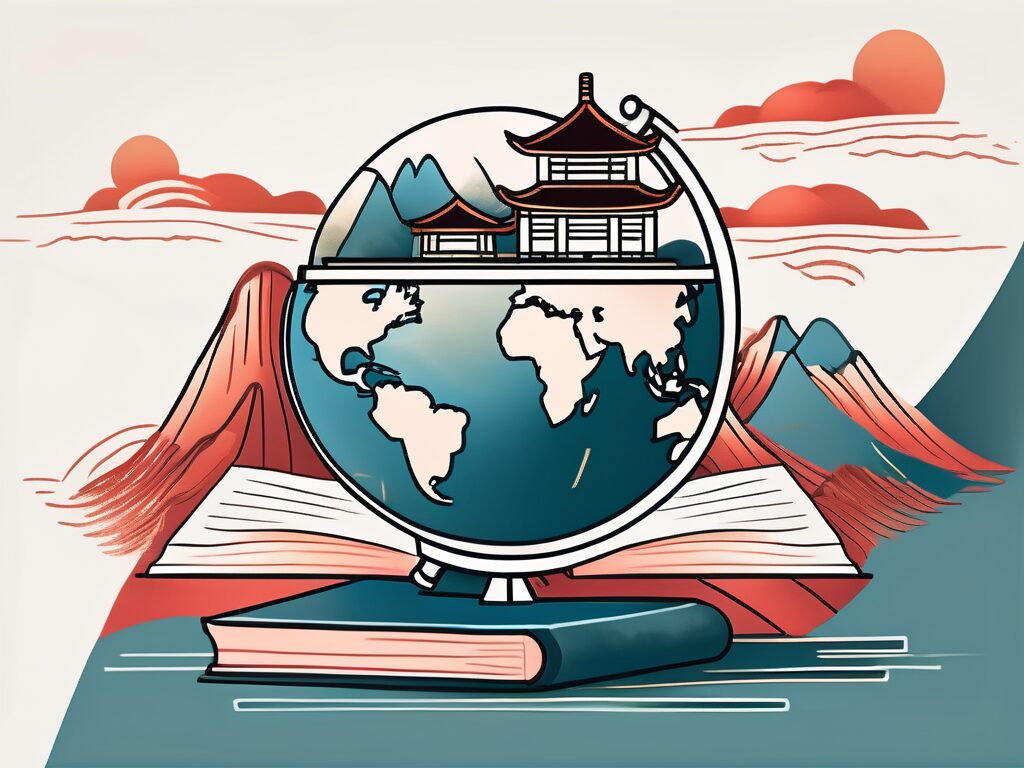 A globe with iconic chinese educational symbols