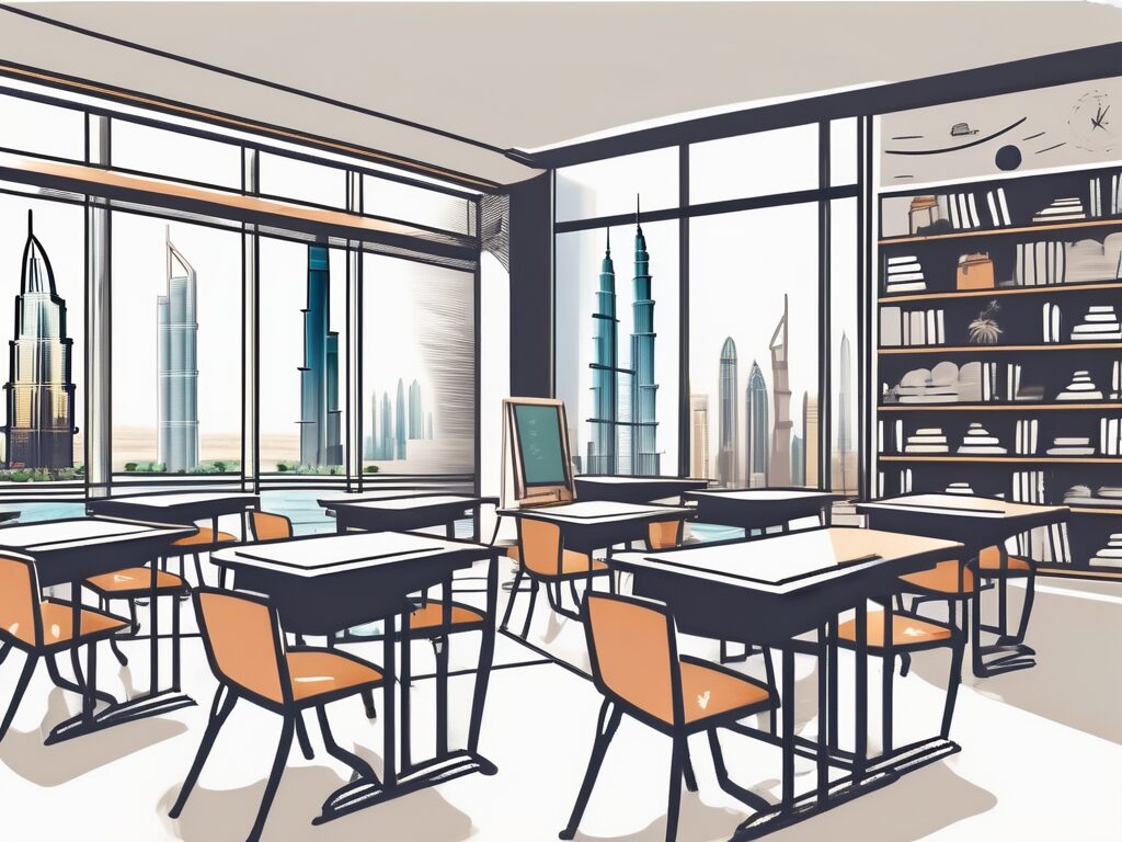 A modern classroom setting with a view of iconic dubai landmarks such as the burj khalifa and the palm jumeirah