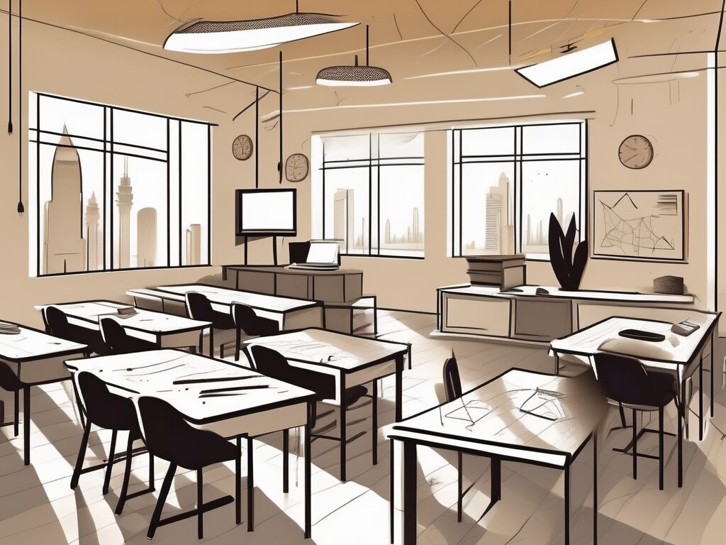 A classroom scene in dubai with various educational tools and cultural elements