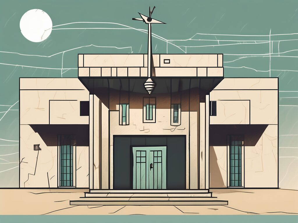 A traditional saudi arabian school building with five distinct elements symbolizing issues such as a locked door