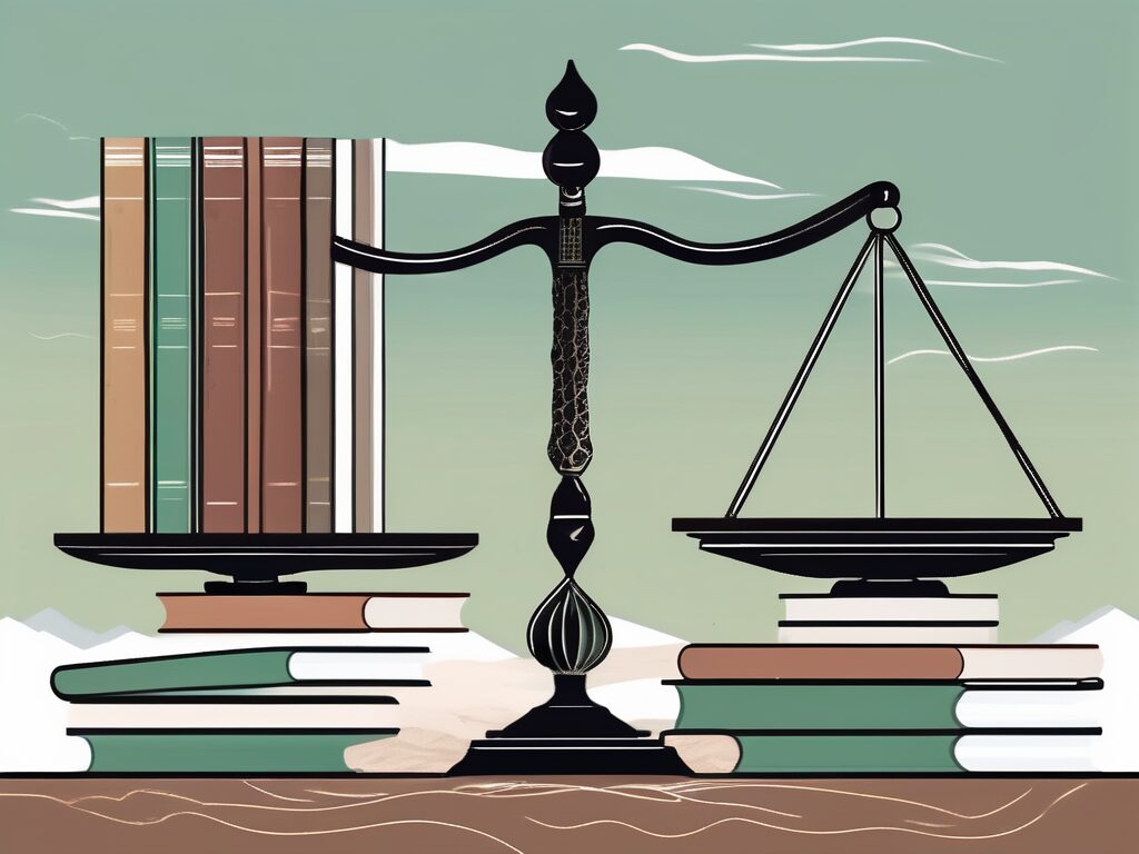 A balanced scale with books on one side and a saudi arabian landscape on the other