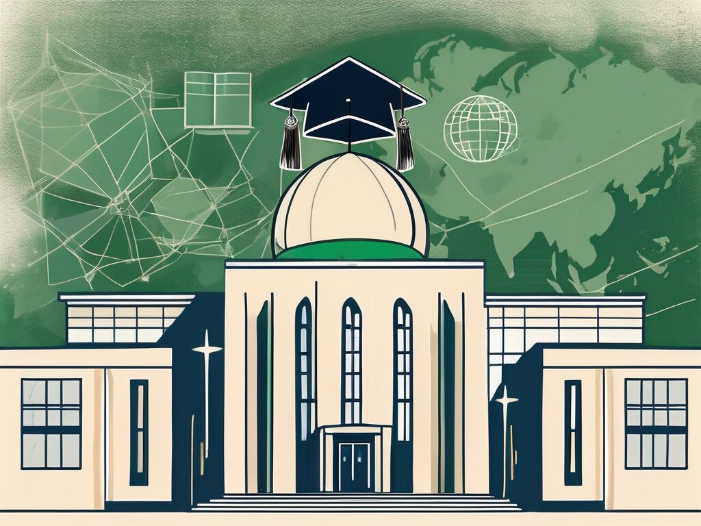 An international school building with the saudi arabia flag flying overhead