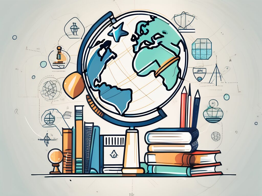 A globe with different educational icons