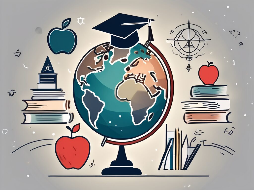 A globe with various iconic educational symbols like a graduation cap