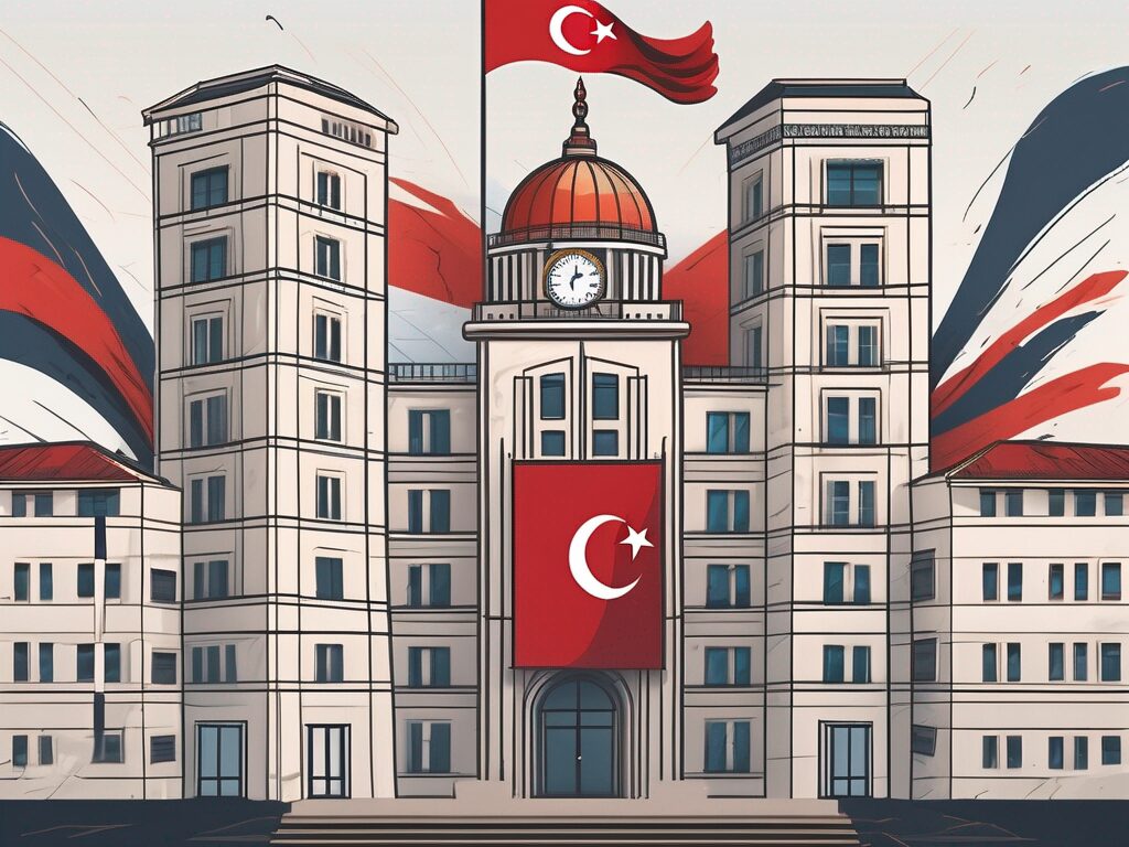 A school building with a turkish flag flying atop